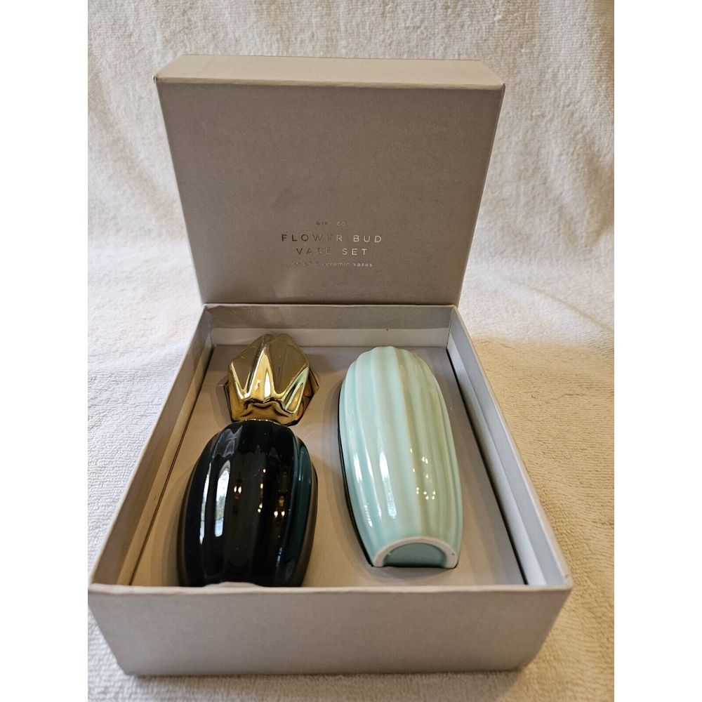 West Emory Set of 3 Flower Bud Ceramic Vases Navy Gold Turquoise Gift Box NEW